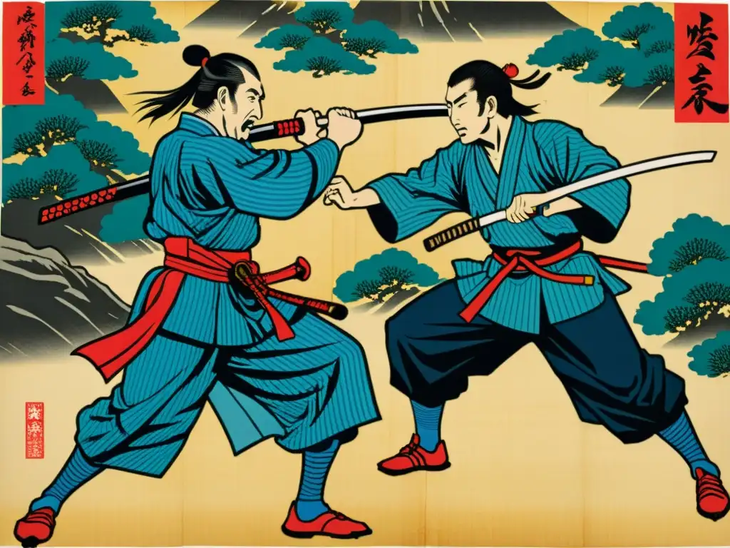 Una impresionante representación de Musashi Miyamoto en un intenso duelo samurái, capturando la esencia de su historia, arte y filosofía