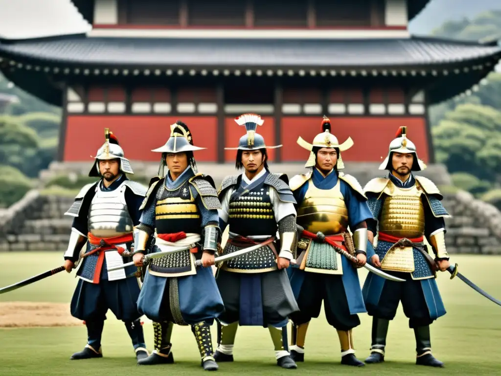 Un impresionante retrato de los Samurai Imperiales en actitud desafiante frente a un castillo histórico, evocando la Rebelión Tenchūgumi