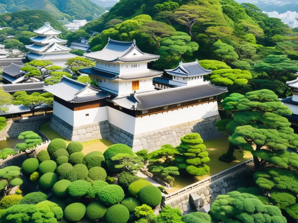 Increíble vista aérea del Castillo de Himeji, reflejando la influencia extranjera en la arquitectura de castillos samurái