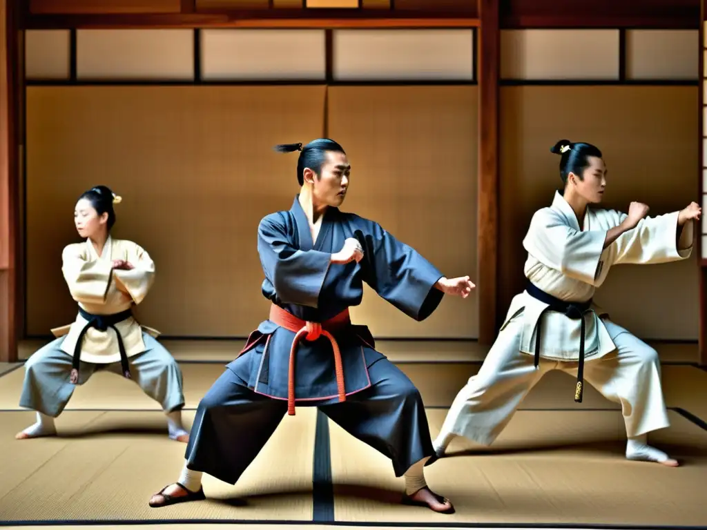 Entrenamiento intenso de actores de teatro Noh en dojo japonés Influencia de las artes marciales en el entrenamiento del teatro Noh: actores practican con determinación en un dojo tradicional japonés