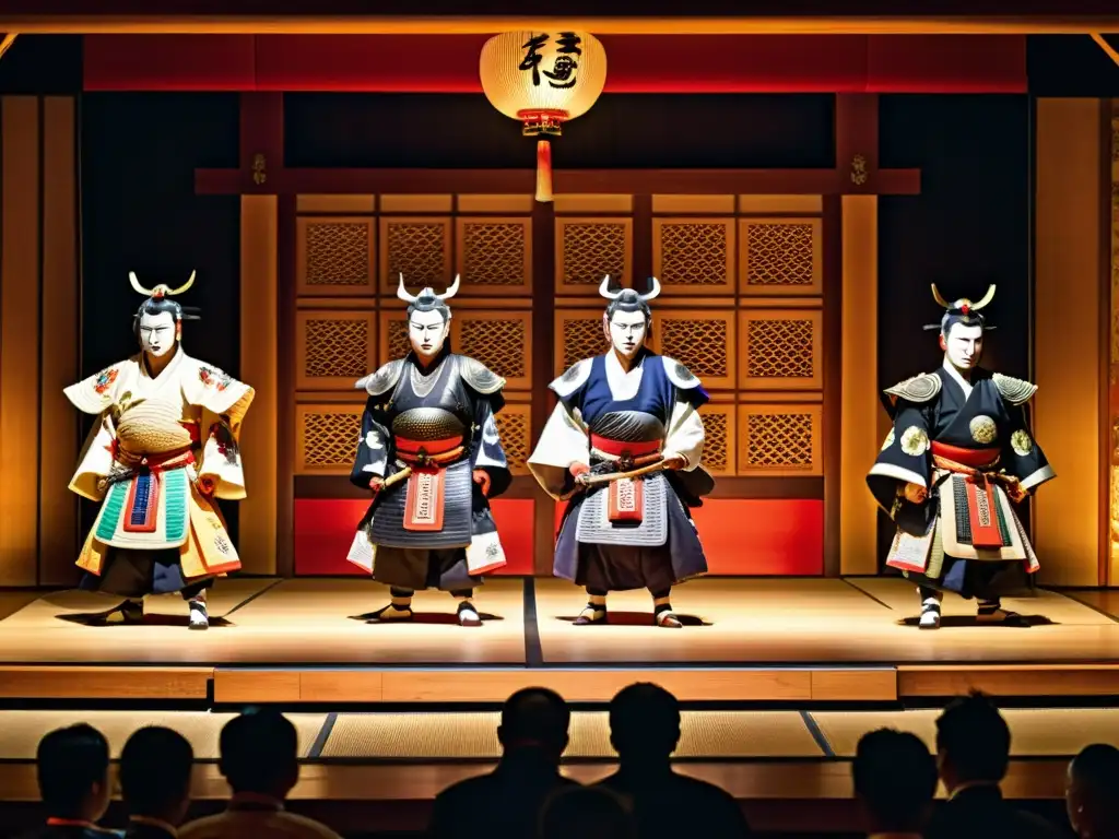 Influencia de las batallas samurai en escena teatral Noh, con detalle artístico y dinamismo visual