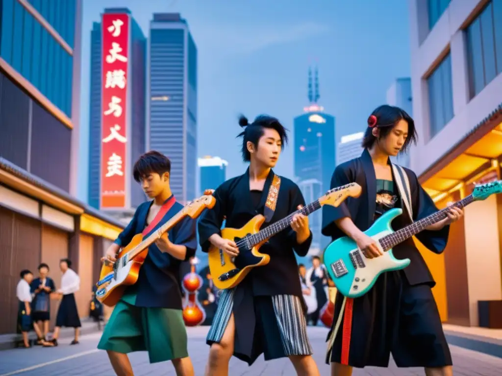 Influencia del Bushido en cultura pop: Jóvenes músicos fusionan tradición y modernidad en una calle japonesa, entre rascacielos y templos serenos