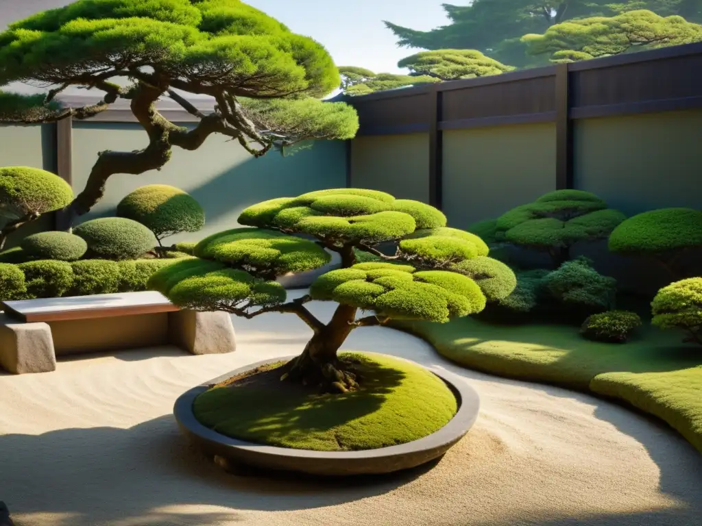 Influencia del Zen en el Bushido: Jardín japonés sereno con grava, arbustos recortados, musgo verde y un sol crepuscular que proyecta sombras largas