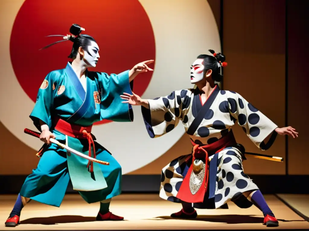 Influencia Bushidō Teatro Kabuki: Actores en trajes samurái ejecutan movimientos precisos en el escenario, capturando la esencia del código Bushidō