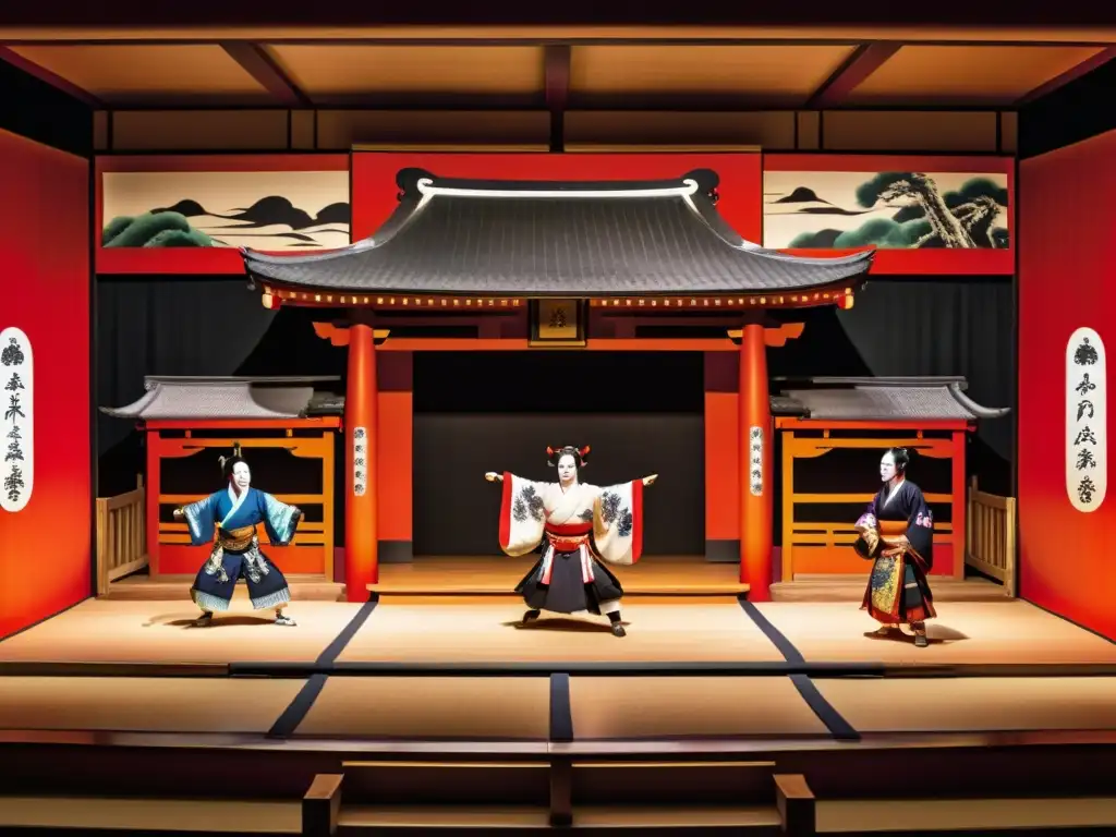 Influencia Bushidō Teatro Kabuki: Escenario detallado con actores en intensa actuación, vestuario vibrante y dramática iluminación