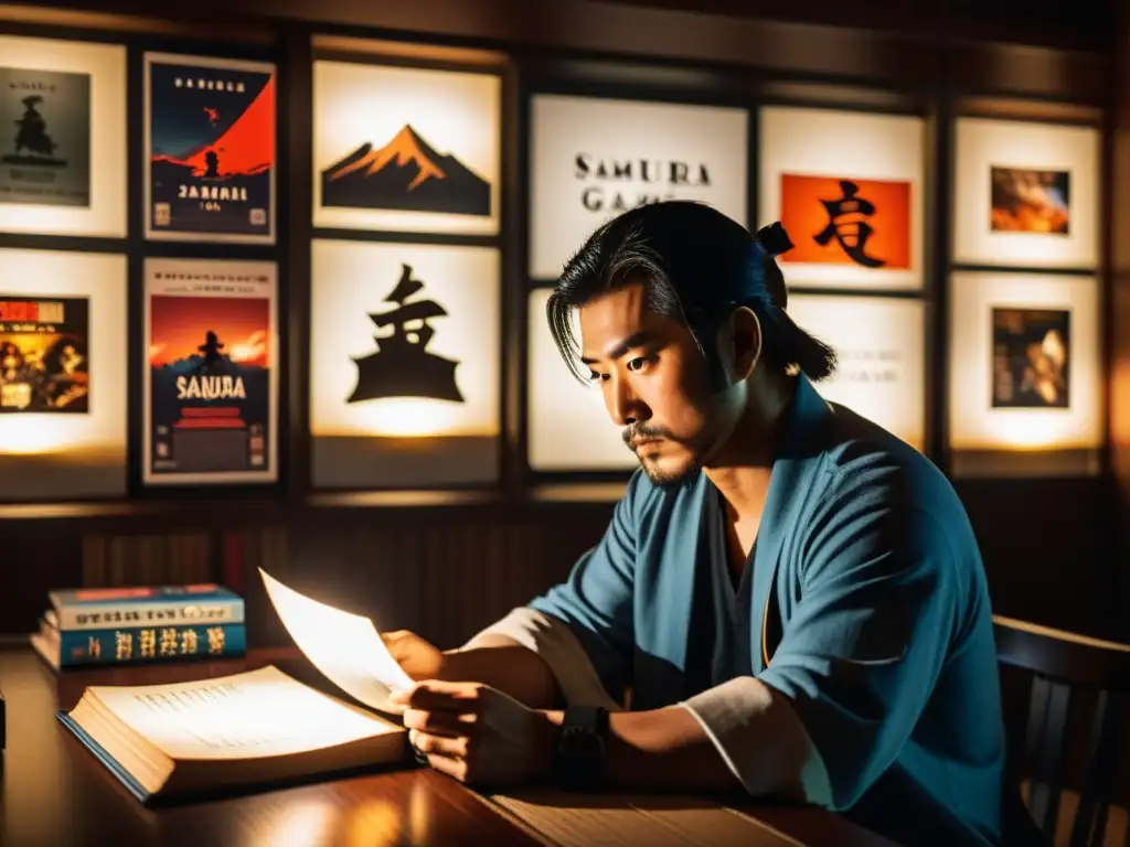 Influencia del cine en videojuegos samurái: Desarrollador inmerso en películas clásicas, rodeado de posters y libros, con determinación en su rostro