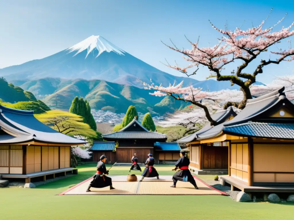 Influencia cultural de los samuráis: panorama de un pueblo japonés tradicional con árboles de cerezo en flor, casas de madera y montañas al fondo