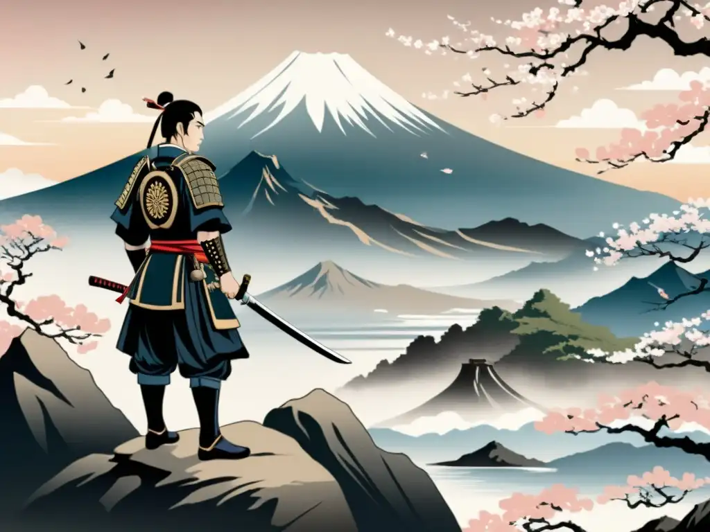 Influencia estética samurái en pintura de guerrero contemplando paisaje japonés