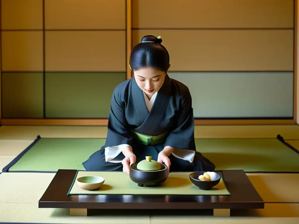 Influencia extranjera en la gastronomía samurái: Ceremonia del té japonesa en sala tatami, con wagashi y matcha, en un ambiente sereno y respetuoso