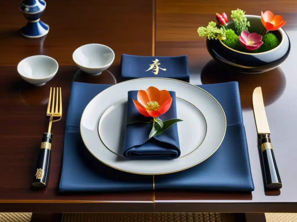 Influencia extranjera en la gastronomía samurái: Mesa japonesa con vajilla y decoración exquisita, chef preparando plato fusionado