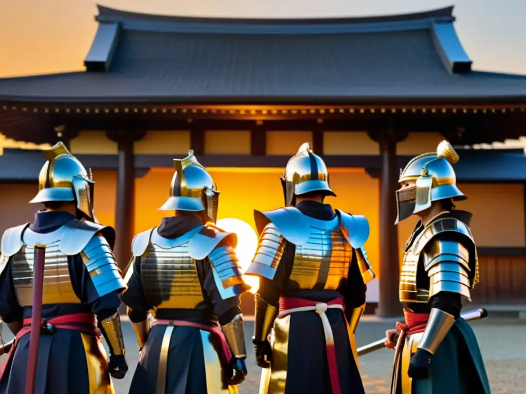 La influencia jesuita en la cultura samurái se refleja en la integración respetuosa entre samuráis y sacerdotes frente al templo japonés al atardecer