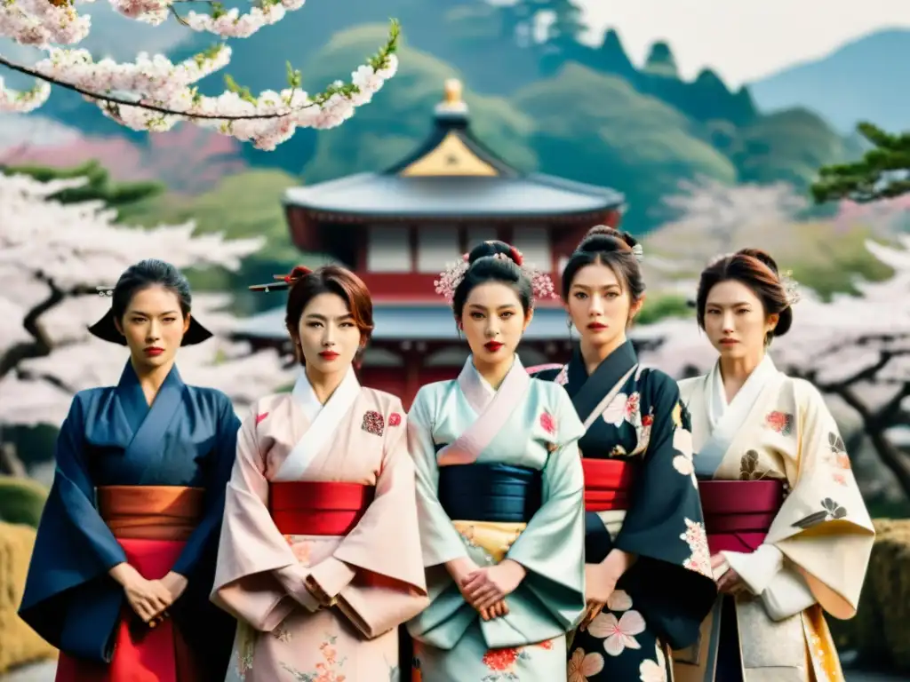 Influencia de la mujer en la estética samurái: Grupo de mujeres icónicas de la historia japonesa, vestidas como samuráis, con expresiones decididas, rodeadas de cerezos en flor y un castillo japonés