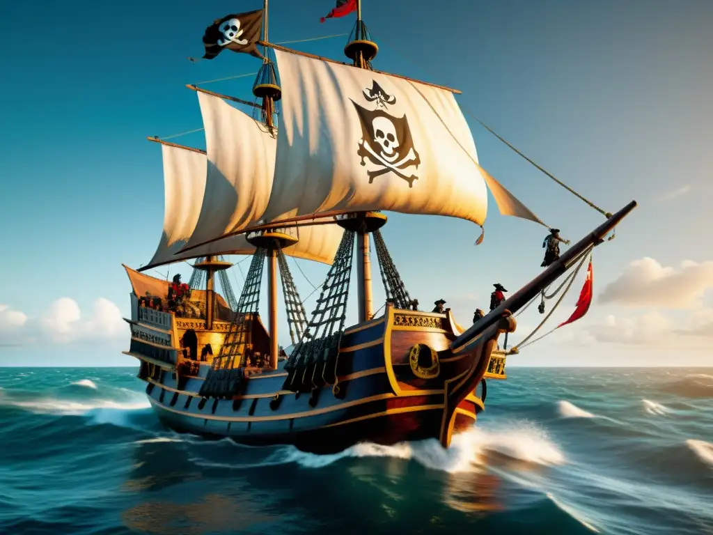 Influencia de los Wokou en la Política Feudal: Detallada imagen 8k de un barco pirata Wokou del siglo XVI navegando en mares agitados, con la tripulación izando la bandera Jolly Roger y preparándose para abordar un barco mercante