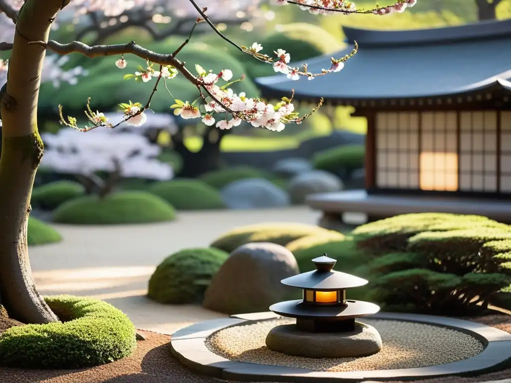 Influencia samurái en jardines japoneses: Jardín japonés meticulosamente cuidado con patrones de grava y farol de piedra bajo la rama de un cerezo en flor