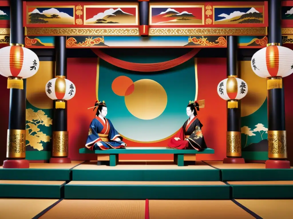 Influencia samurái en decorados Kabuki: Detalle vibrante de un escenario tradicional Kabuki con colores ricos, detalles dorados y pilares ornamentados