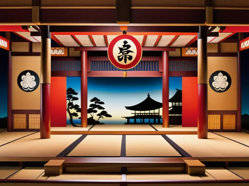 Influencia samurái en decorados Kabuki: Escenario Kabuki tradicional con detalles samurái, estructuras de madera, decorados pintados y accesorios detallados