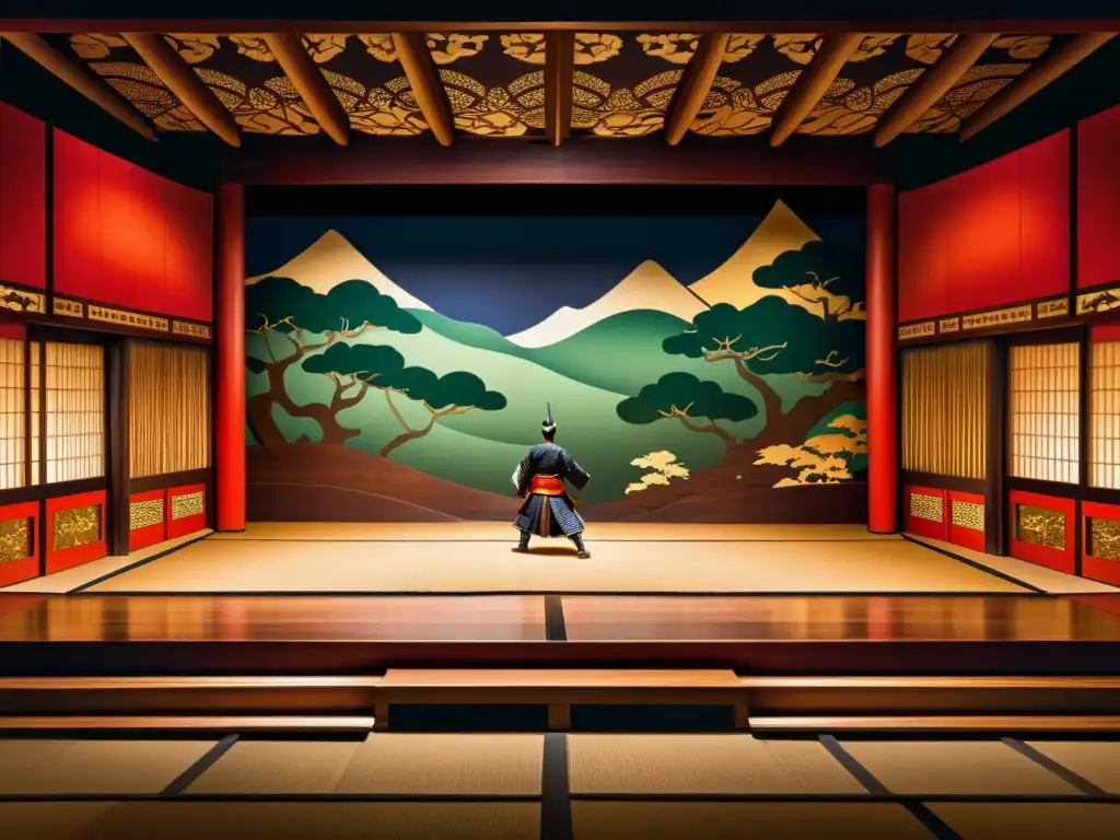 Influencia samurái en decorados Kabuki: Escenario tradicional con tallados detallados, pinturas vibrantes y actores en trajes elaborados