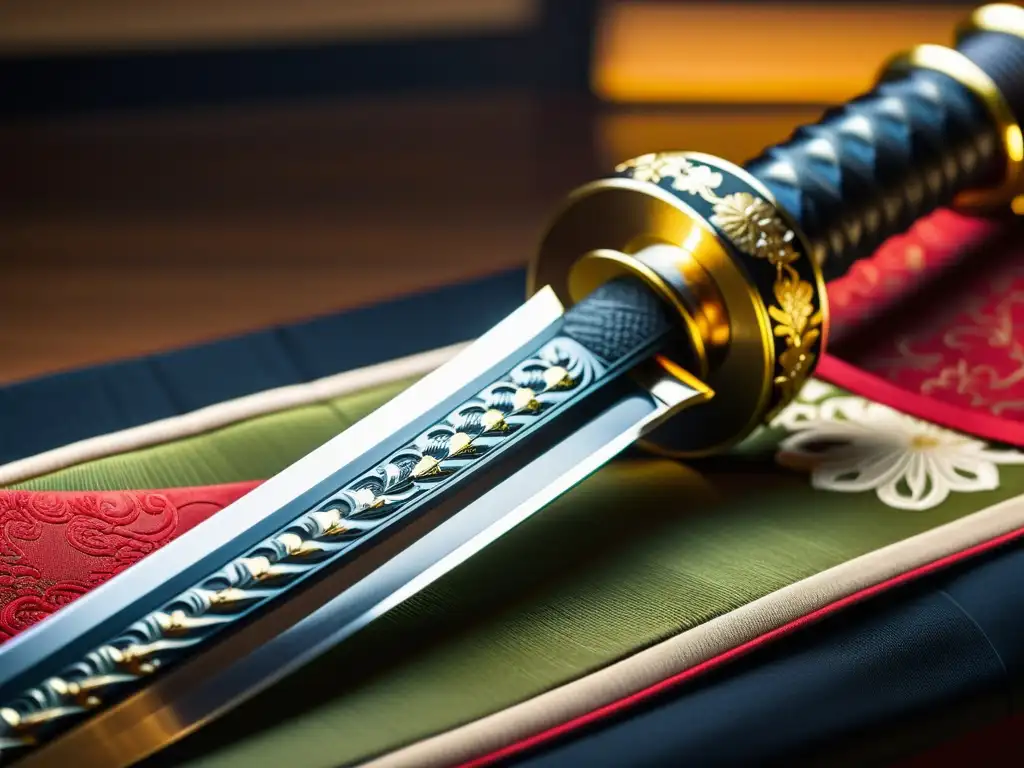 Influencia samurái en etiqueta: Detalle de una katana japonesa descansando sobre un soporte adornado, resaltando su elegancia y significado cultural