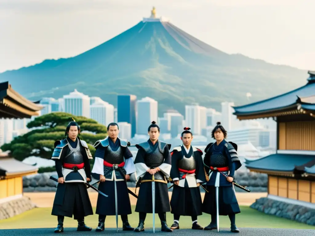 Influencia samurái en Yokohama: Grupo de samuráis orgullosos frente a edificios japoneses, con el skyline moderno de Yokohama al fondo