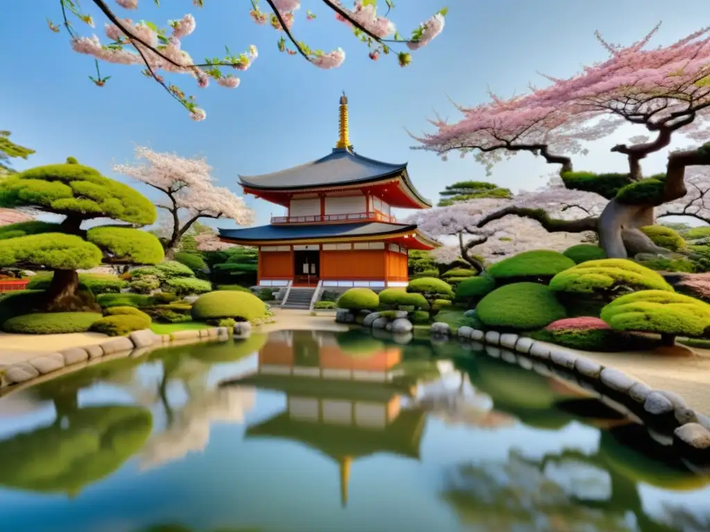 Influencia samurái en Yokohama: Jardín japonés con bonsáis, cerezos en flor y un estanque sereno, junto a una pagoda