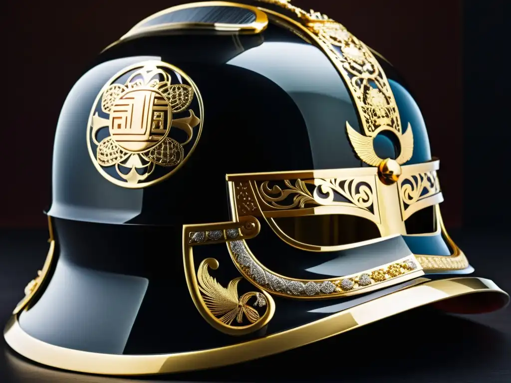 Influencia samurái en joyería japonesa: Detalle de un casco samurái tradicional con intrincados detalles metálicos y laca, resaltando su artesanía y brillo en contraste