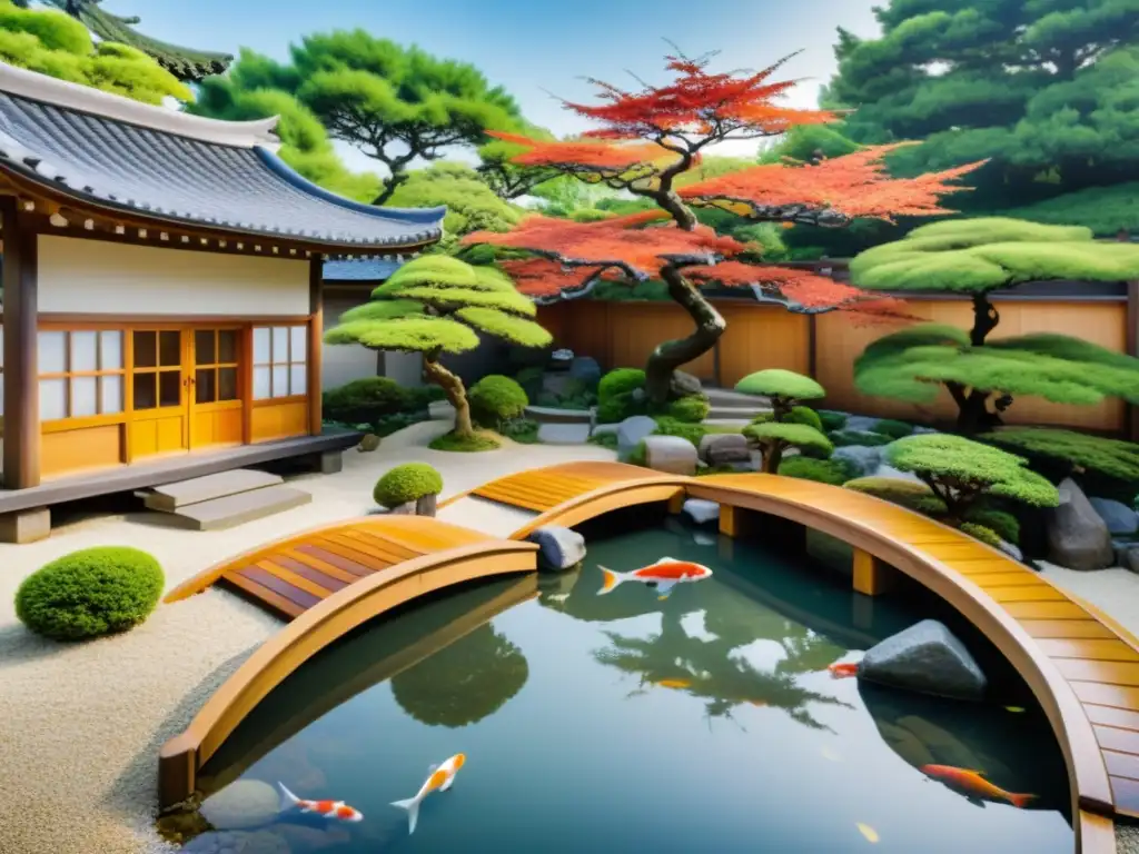 Influencia samurái en jardines japoneses: Paisaje sereno con bonsáis, estanque de peces koi, puente de madera y pagoda