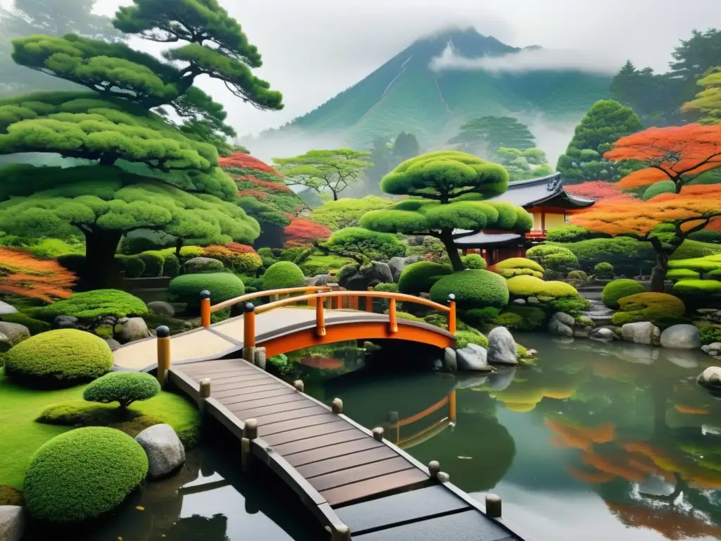 Influencia samurái en jardines japoneses: Jardín japonés tradicional con paisajes serenos, estanque y montañas envueltas en neblina