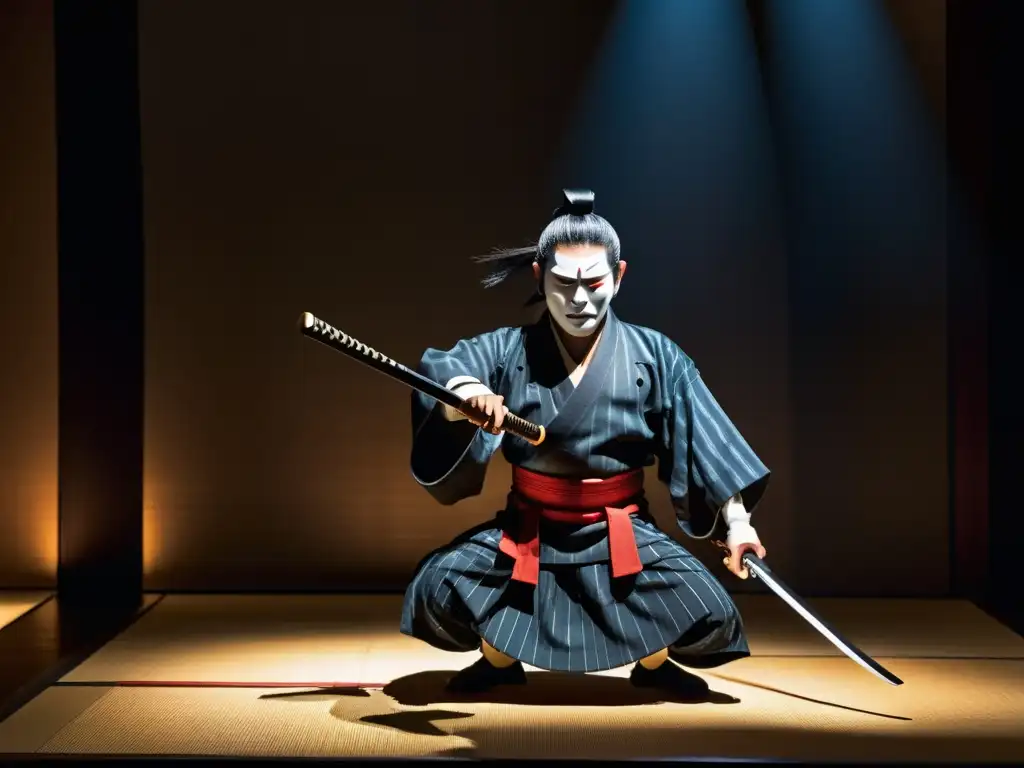 Influencia de los samuráis en el arte: Actuación teatral Noh japonesa con actor solitario en traje de samurái, sosteniendo un katana y adoptando una pose dramática bajo un foco