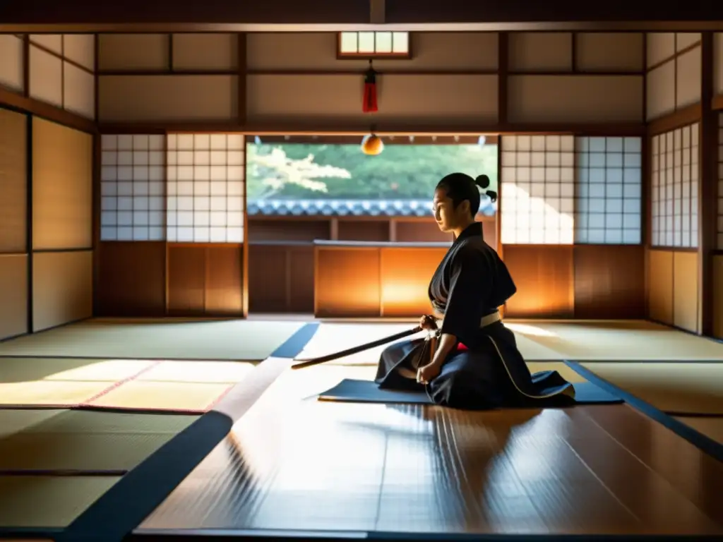 Influencia de los samuráis en artes marciales: Dojo japonés tradicional con práctica de armas samurái en penumbra y luz solar