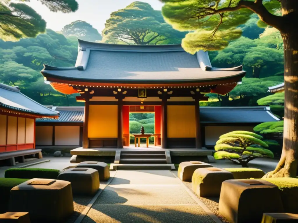 Influencia del Shinto y Budismo en samurái: Imagen de un santuario Shinto rodeado de exuberante vegetación, con samuráis realizando un ritual solemne