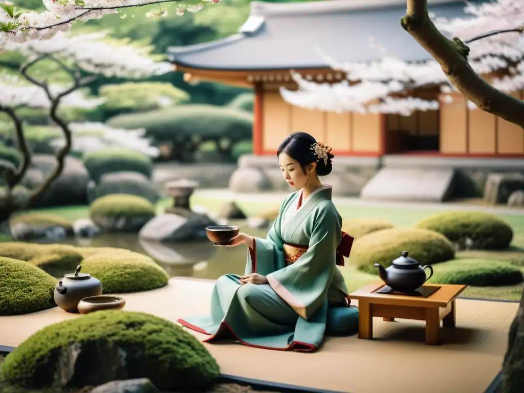 Influencia del Shinto y Budismo en samurái: Ceremonia del té japonesa con samurái y geisha en jardín sereno