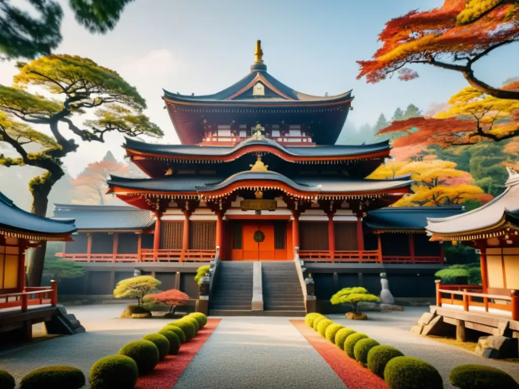 Influencia religión formación samurái: Templo japonés en el bosque otoñal con samuráis en reverencia