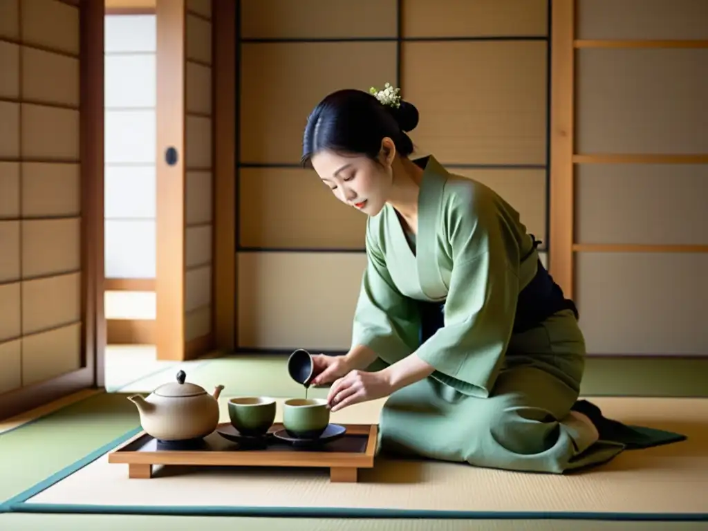 Influencia zen en la cocina samurái: Ceremonia del té japonesa en una habitación serena de tatami, con maestro del té y ambiente tranquilo