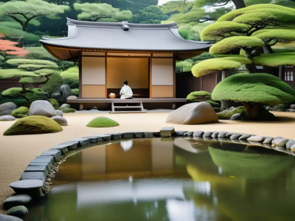 Influencia zen en la cocina samurái: Jardín japonés sereno con estanque, casa de té y ceremonia del té