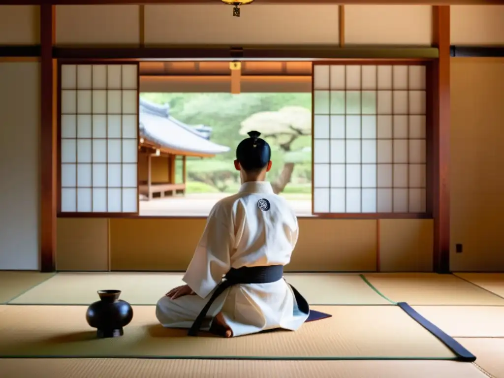 Influencia Zen en Iaido: Un maestro de artes marciales realiza una kata precisa en un dojo sereno, con estudiantes observando con concentración