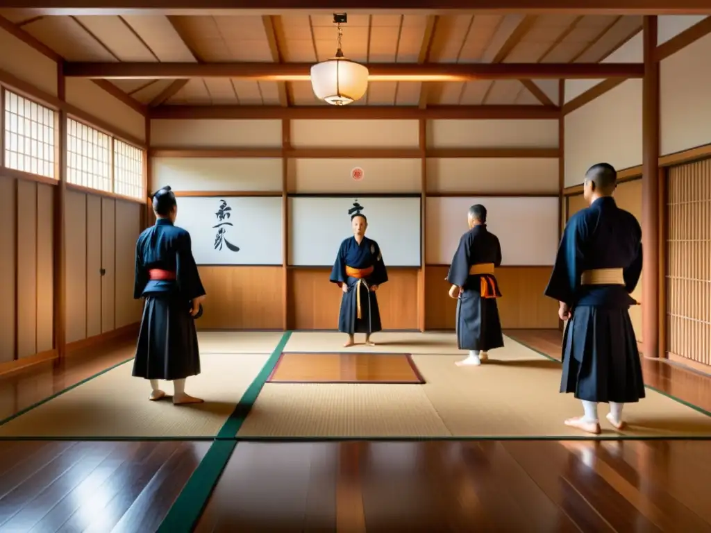 Innovaciones en el arte del Kendo: Un dojo japonés tradicional con practicantes de kendo en movimiento, rodeado de serenidad y disciplina