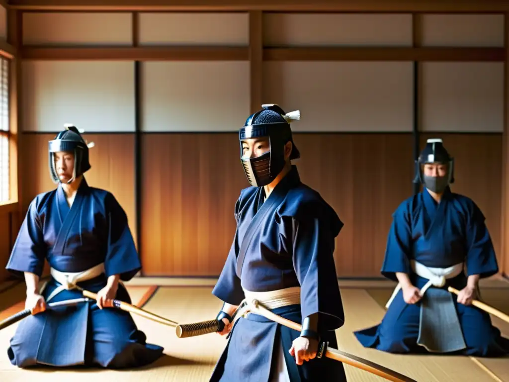 Innovaciones en el arte del Kendo: Practicantes de kendo en un dojo tradicional, con movimiento y concentración en sus rostros, en un ambiente de serenidad y respeto