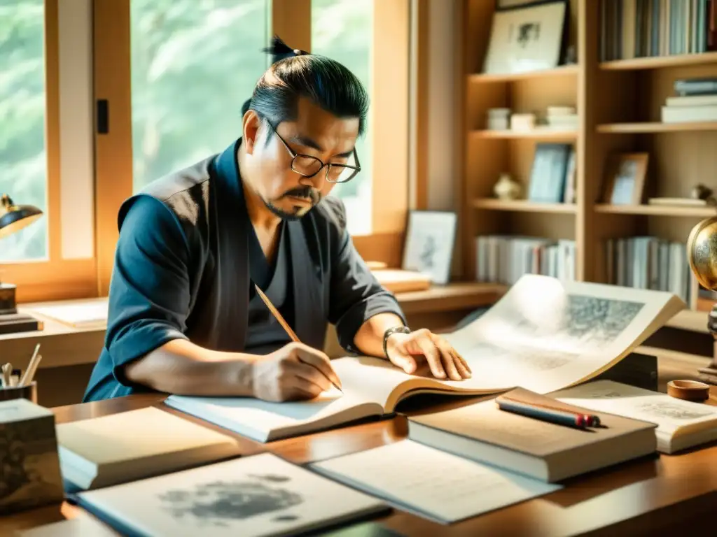 Takehiko Inoue concentrado en su estudio, detallando armadura samurái