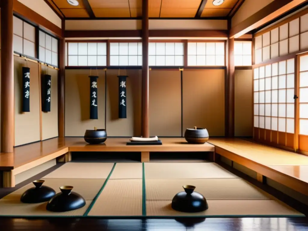 Inspirador dojo japonés con elementos tradicionales y atmósfera serena, reflejando la influencia zen en la ética samurai y cursos online