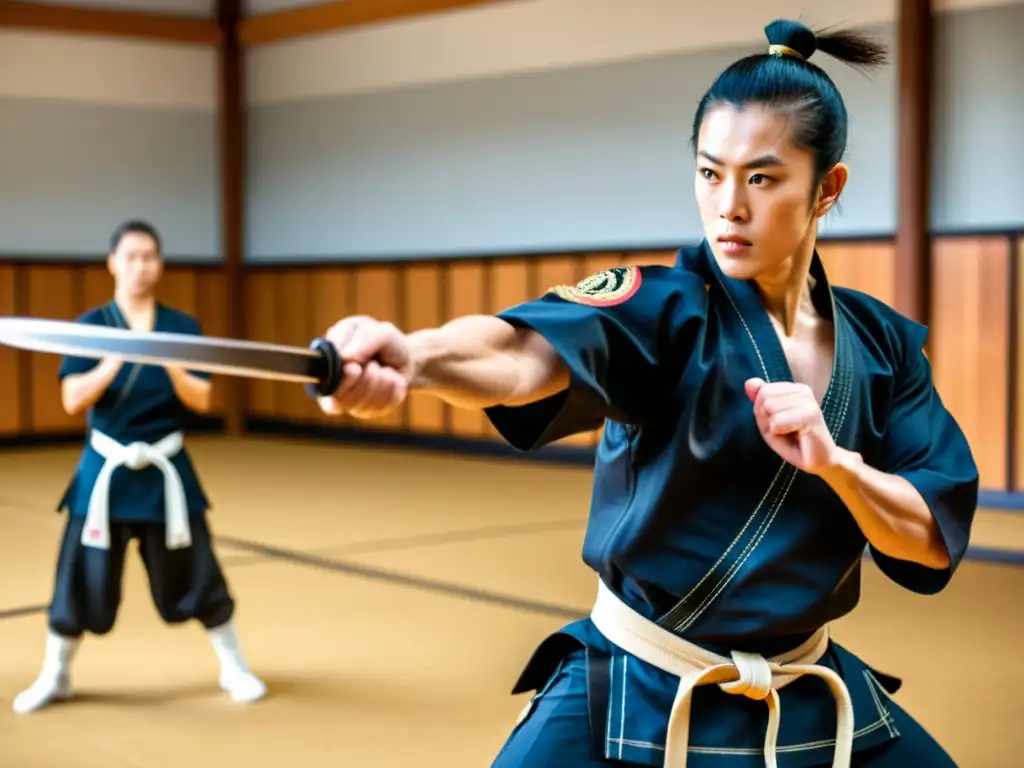 Un instructor de artes marciales samurái muestra tácticas defensivas en un ambiente dramático, rodeado de estudiantes atentos