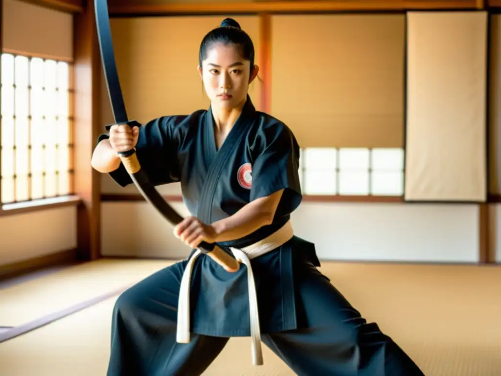 Un instructor experto en Naginatajutsu muestra técnica y disciplina en un dojo sereno, representando el entrenamiento moderno en Naginatajutsu