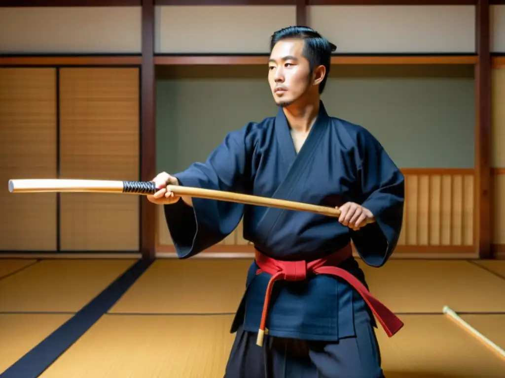 Un instructor de Kendo demuestra una precisa estocada en un dojo, reflejando disciplina y maestría