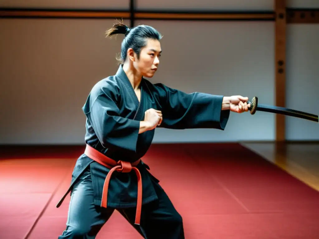 Un instructor moderno muestra técnicas samurái para seguridad personal en un estudio de artes marciales, transmitiendo disciplina y habilidad