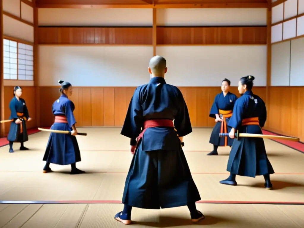 Instructor guía a principiantes en los principios básicos del kendo en un dojo tradicional japonés