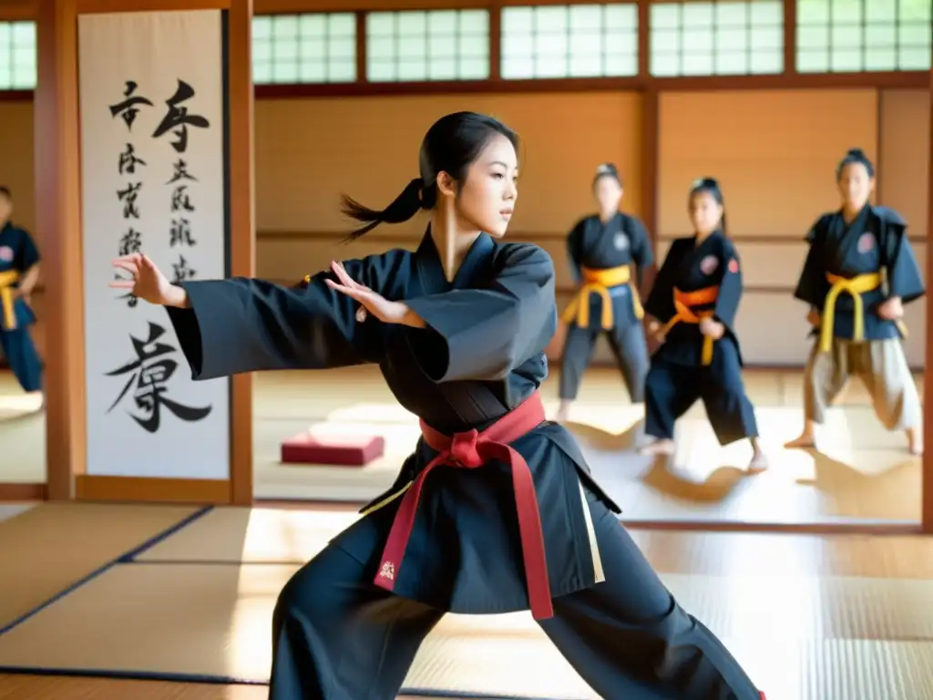 Una instructora de artes marciales, vestida con armadura samurái, lidera a sus estudiantes en movimientos precisos en un dojo soleado