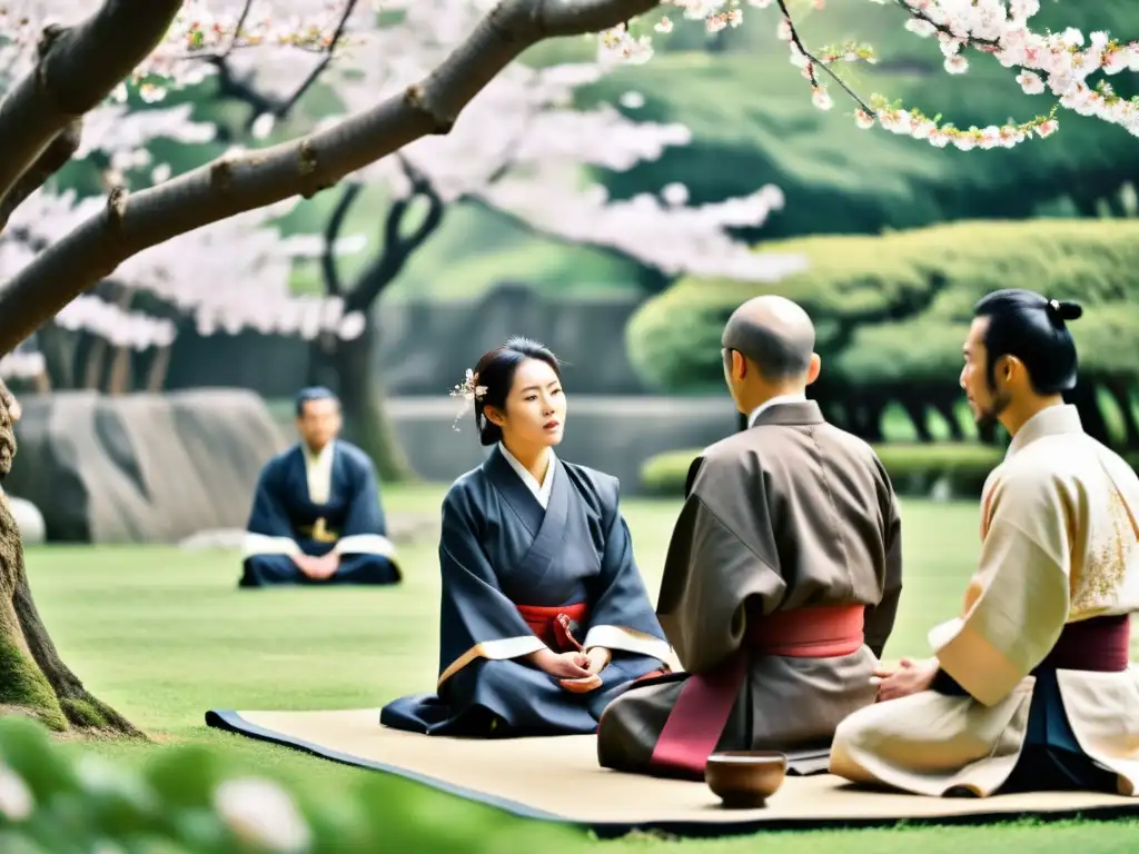 Intensa discusión filosófica entre samuráis y jesuitas en un jardín japonés, evocando la ética y moral en samuráis jesuitas