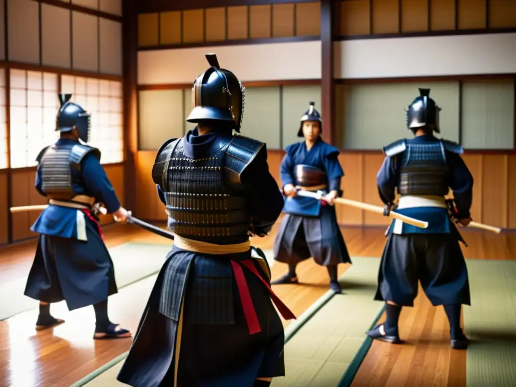 Práctica intensa de kendo con armadura samurái en un dojo iluminado, representando el entrenamiento samurái en el siglo XXI