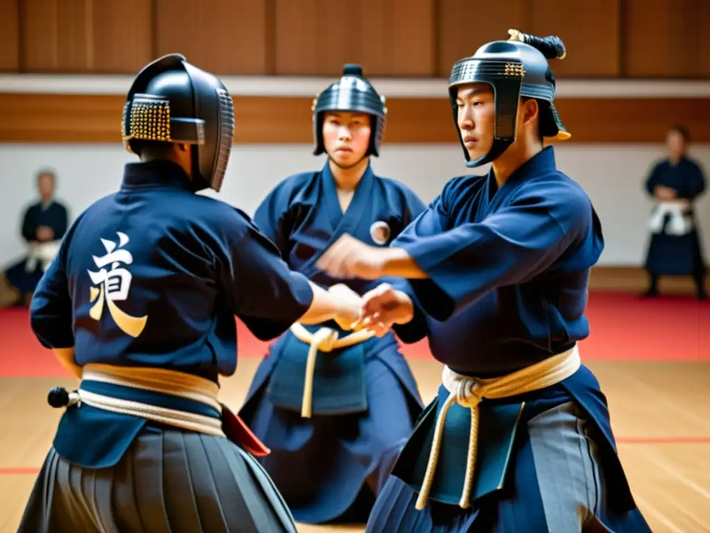 Práctica intensa de kendo en dojo, fusionando tradición samurái con competiciones internacionales