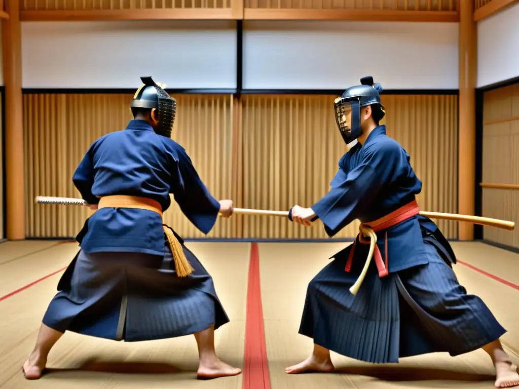 Práctica intensa de Kendo en un dojo, mostrando precisión y disciplina