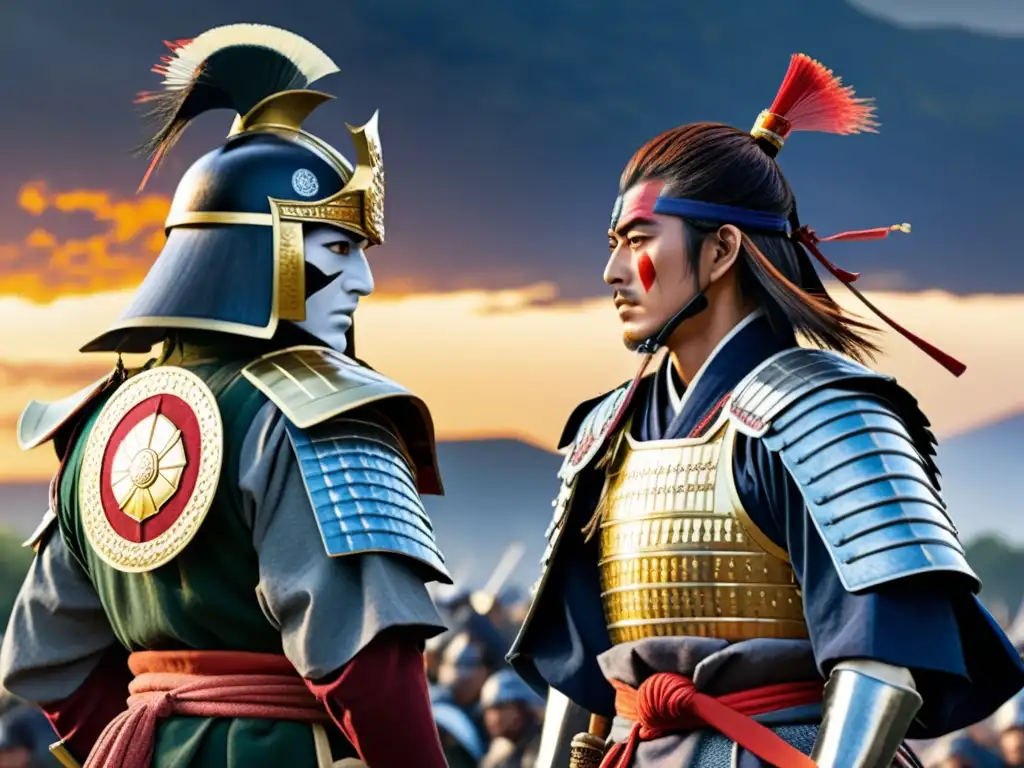 Intensa rivalidad entre Uesugi Kenshin y Takeda Shingen en armaduras samurái, listos para la batalla en el Japón feudal